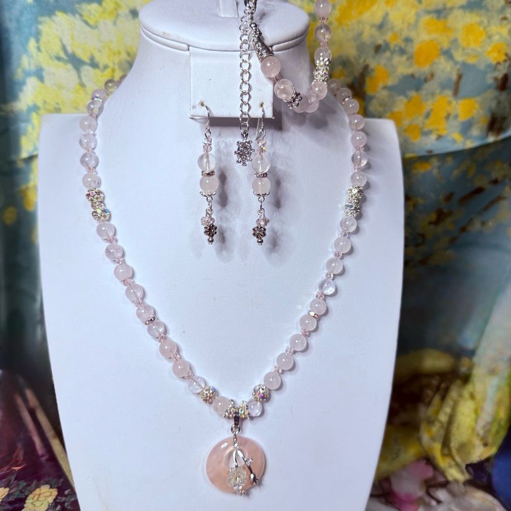 Artisan Pink Jade Cherry Blossom Jewelry set with Rose Quartz Pendant
